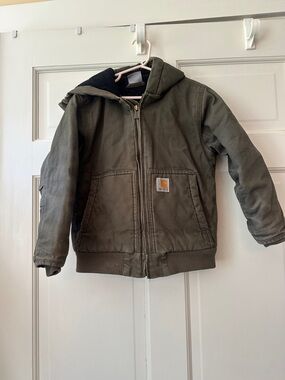 Carhartt olive green insulated canvas hooded coat, xs, 6